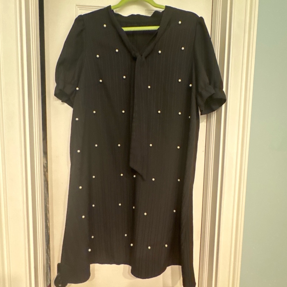 Pearl-Studded Black Tie-Neck Mini Dress